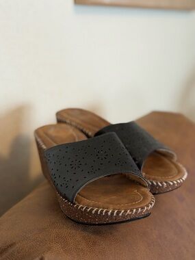 Women's Black Laser-Cut Leather Slide Clogs